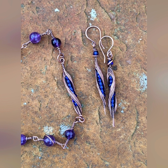 Celtic Jewelry Set Necklace and Earrings Amethyst Gemstone Beads Evening Artisan - Picture 6 of 14